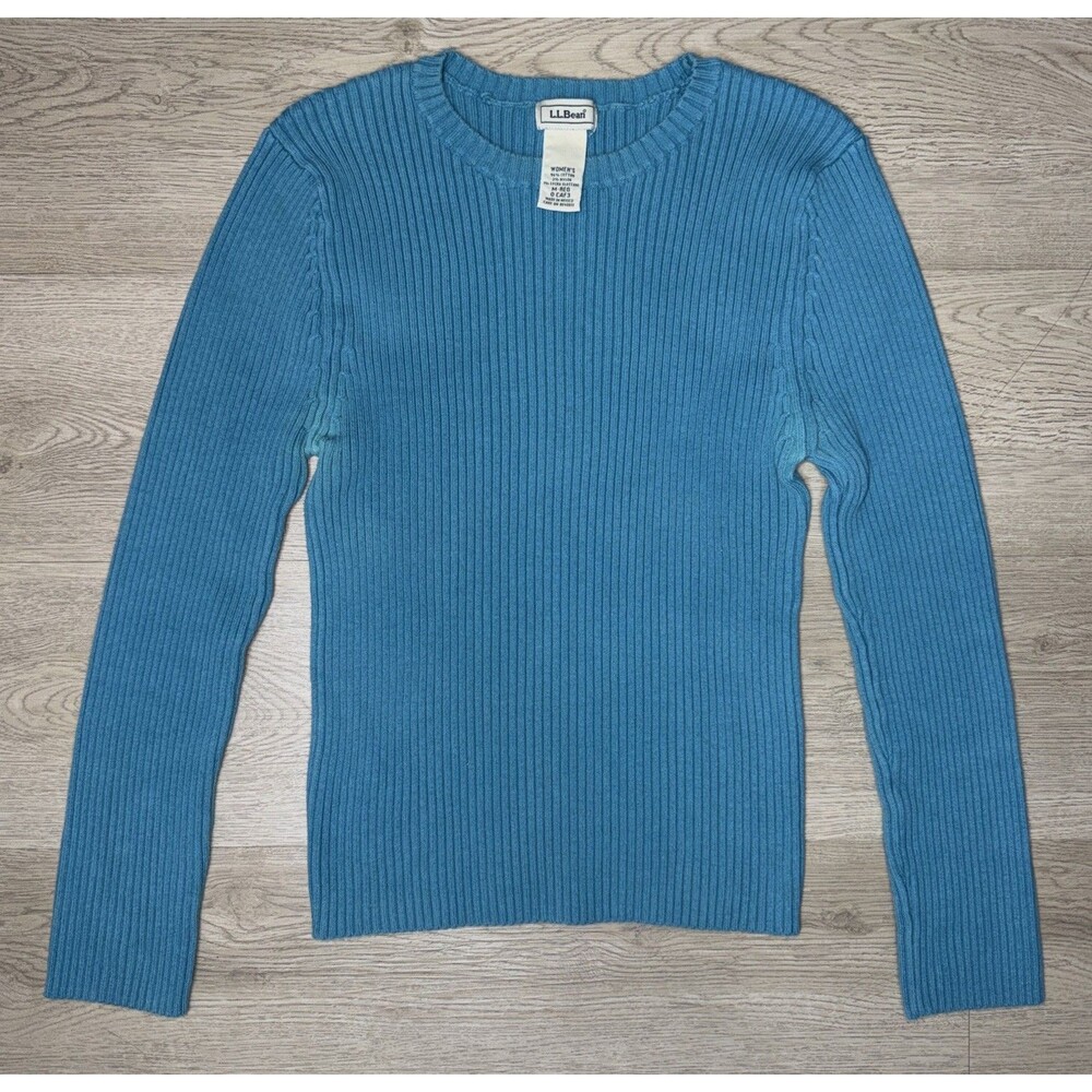 L.L. Bean Women's Medium Reg Ribbed Crewneck Sweater Long Sleeve Teal Cotton Med